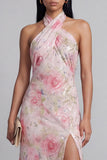 Sparkly Pink Maxi Halter Floral Wedding Guest Dress with Slit