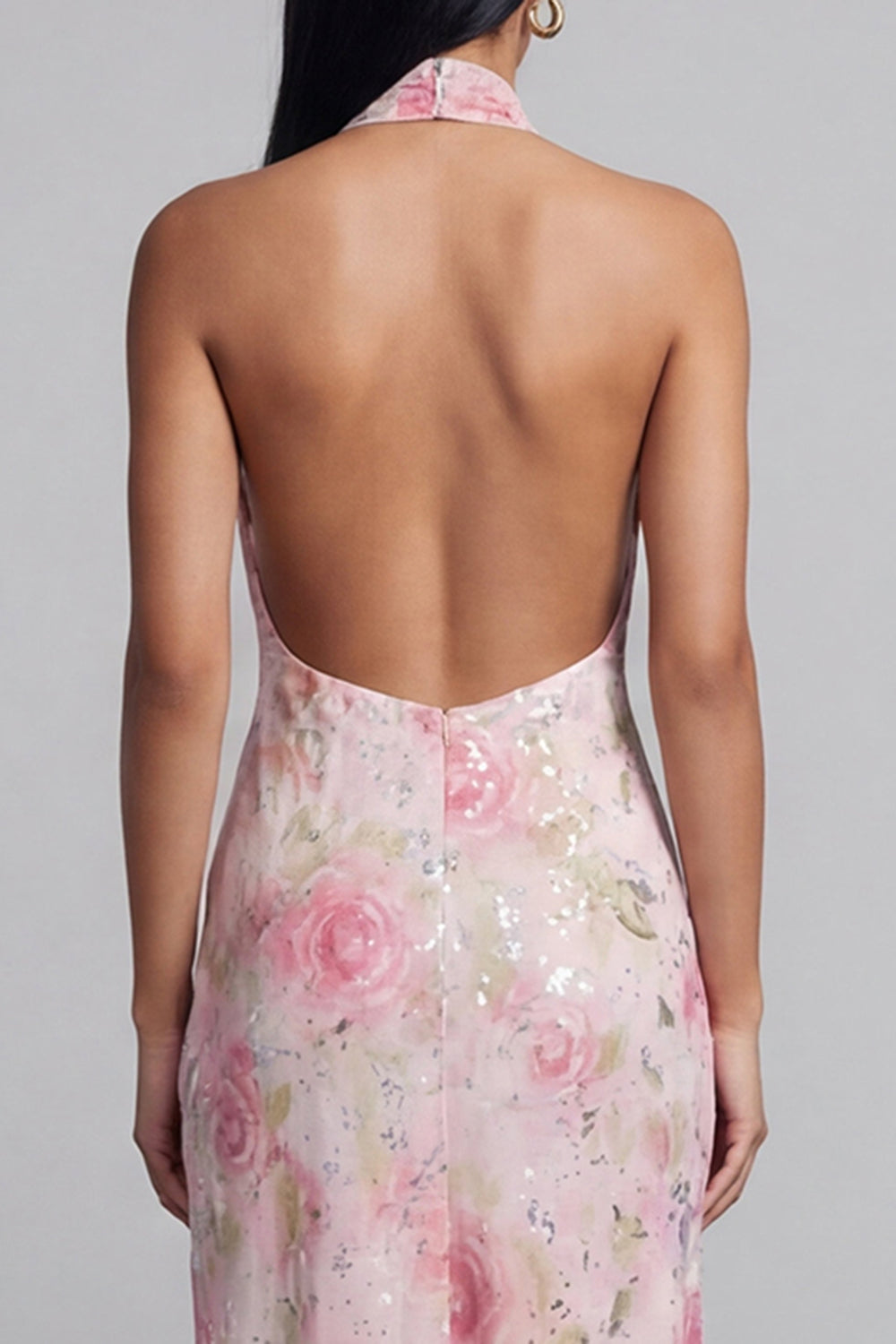 Sparkly Pink Maxi Halter Floral Wedding Guest Dress with Slit