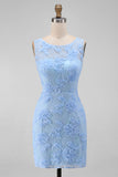 Boat Neck Blue Floral Tight Short Wedding Guest Dress