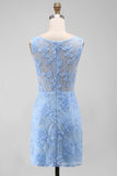 Boat Neck Blue Floral Tight Short Wedding Guest Dress