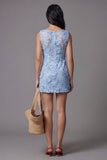 Boat Neck Blue Floral Tight Short Wedding Guest Dress