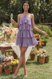 Floral White Pink Flower Short A Line Beach Wedding Guest Dress with Ruffles