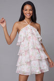 Floral White Pink Flower Short A Line Beach Wedding Guest Dress with Ruffles