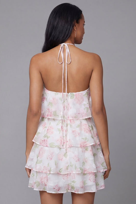 Floral White Pink Flower Short A Line Beach Wedding Guest Dress with Ruffles