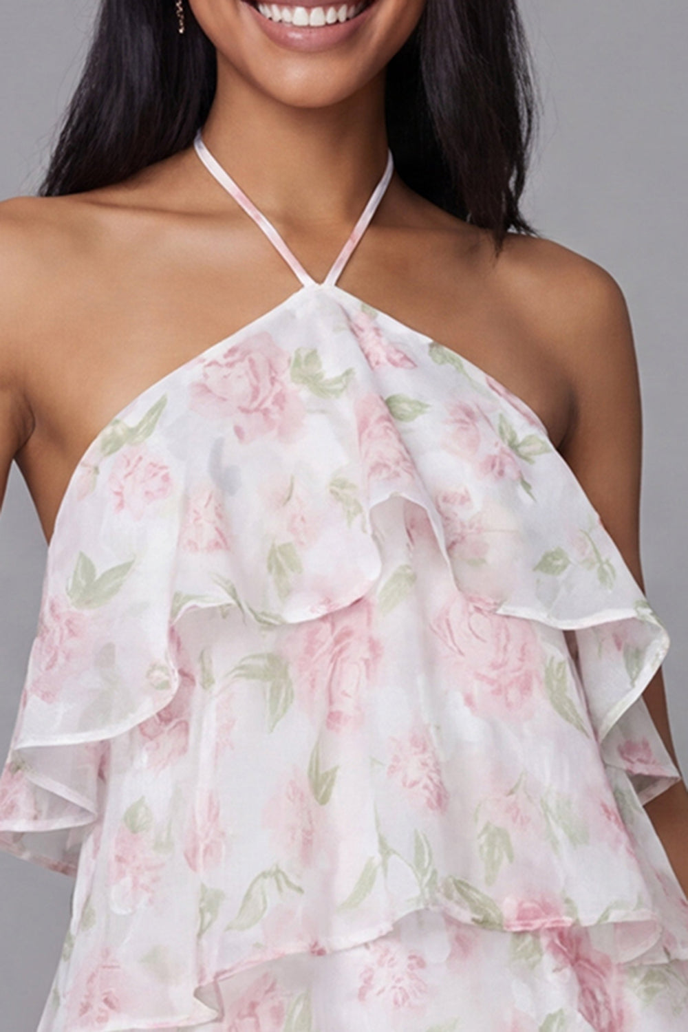 Floral White Pink Flower Short A Line Beach Wedding Guest Dress with Ruffles