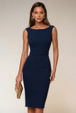 Navy Boat Neck Pencil Short Work Dress