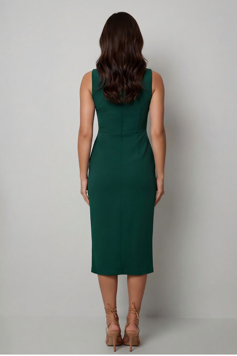 Midi Dark Green Bateau Neck Pencil Work Dress with Slit