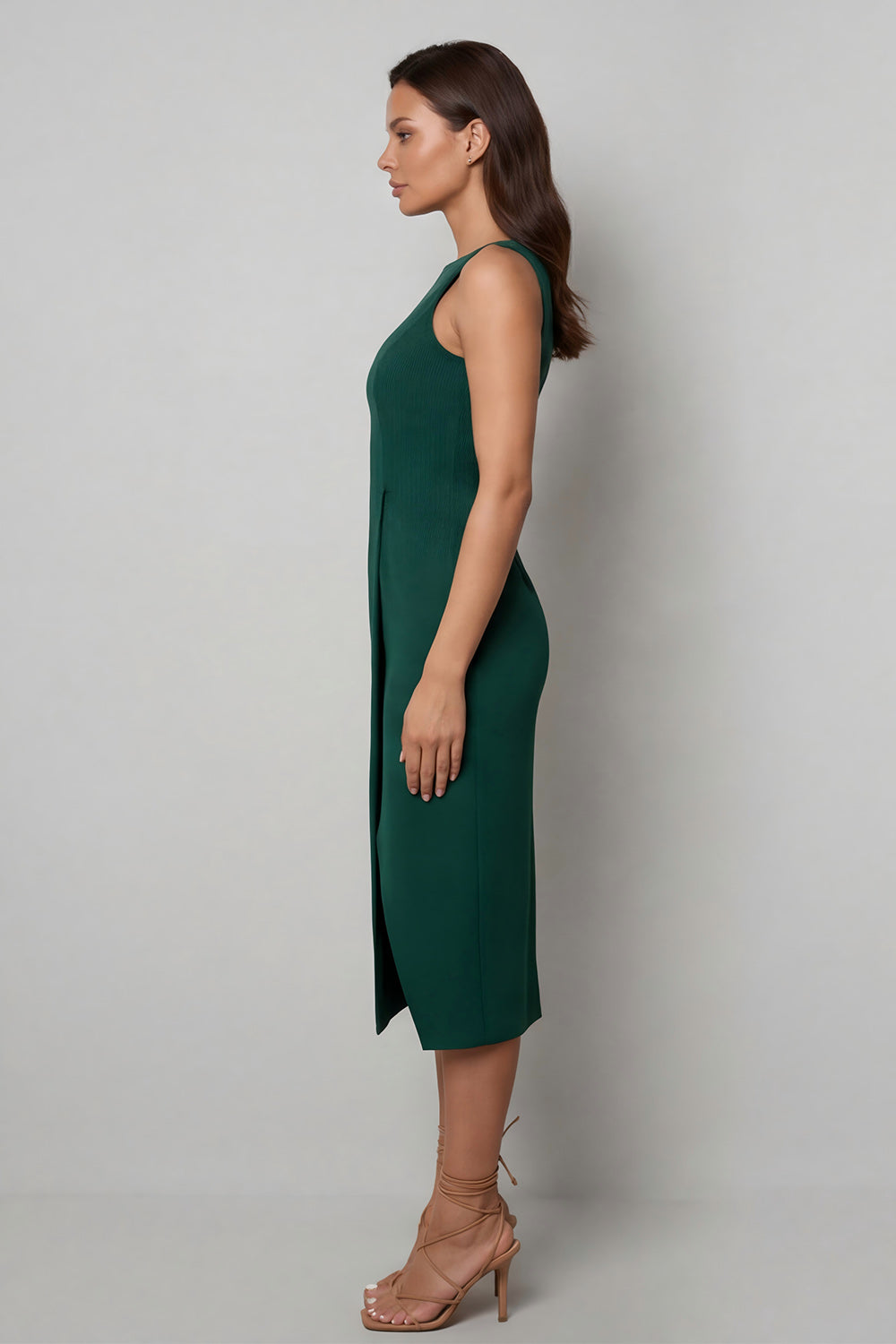 Midi Dark Green Bateau Neck Pencil Work Dress with Slit