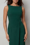 Midi Dark Green Bateau Neck Pencil Work Dress with Slit