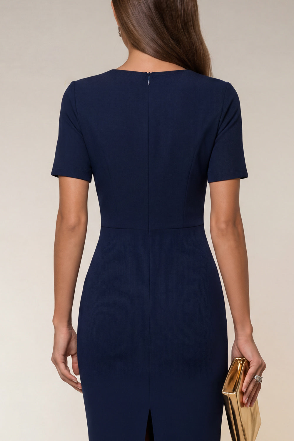 Navy Round Neck Short Pencil Work Dress