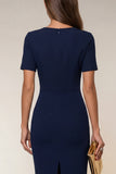 Navy Round Neck Short Pencil Work Dress
