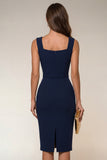 Square Neck Knee Length Navy Pencil Work Dress