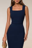 Square Neck Knee Length Navy Pencil Work Dress