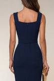 Square Neck Knee Length Navy Pencil Work Dress