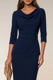 Cowl Neck Navy Pencil Midi Work Dress