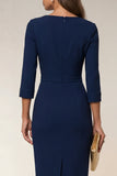 Cowl Neck Navy Pencil Midi Work Dress