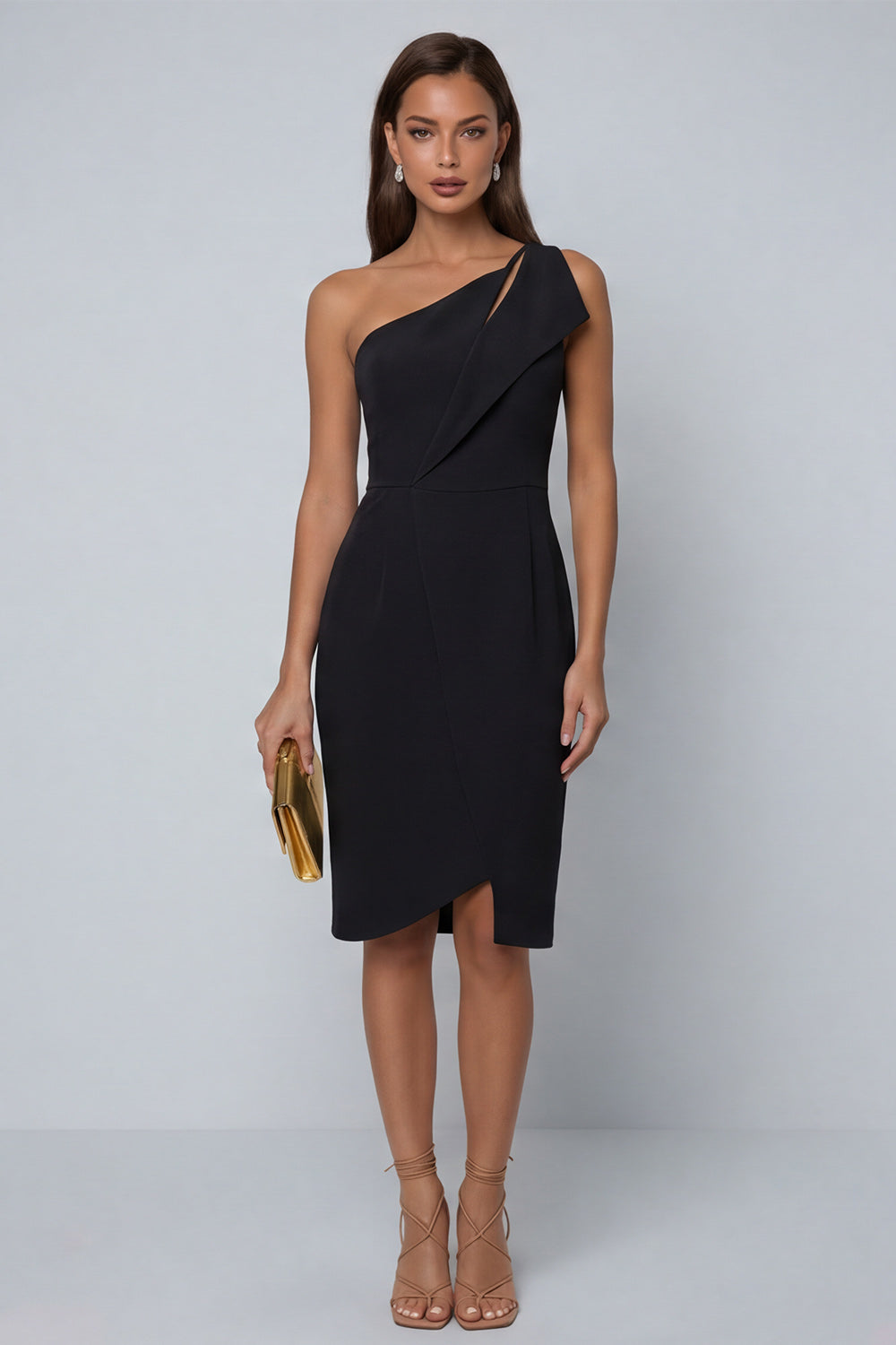 Black Pencil Knee Length One Shoulder Work Dress