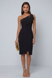Black Pencil Knee Length One Shoulder Work Dress