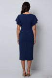 V-Neck Navy Pencil Midi Work Dress with Slit