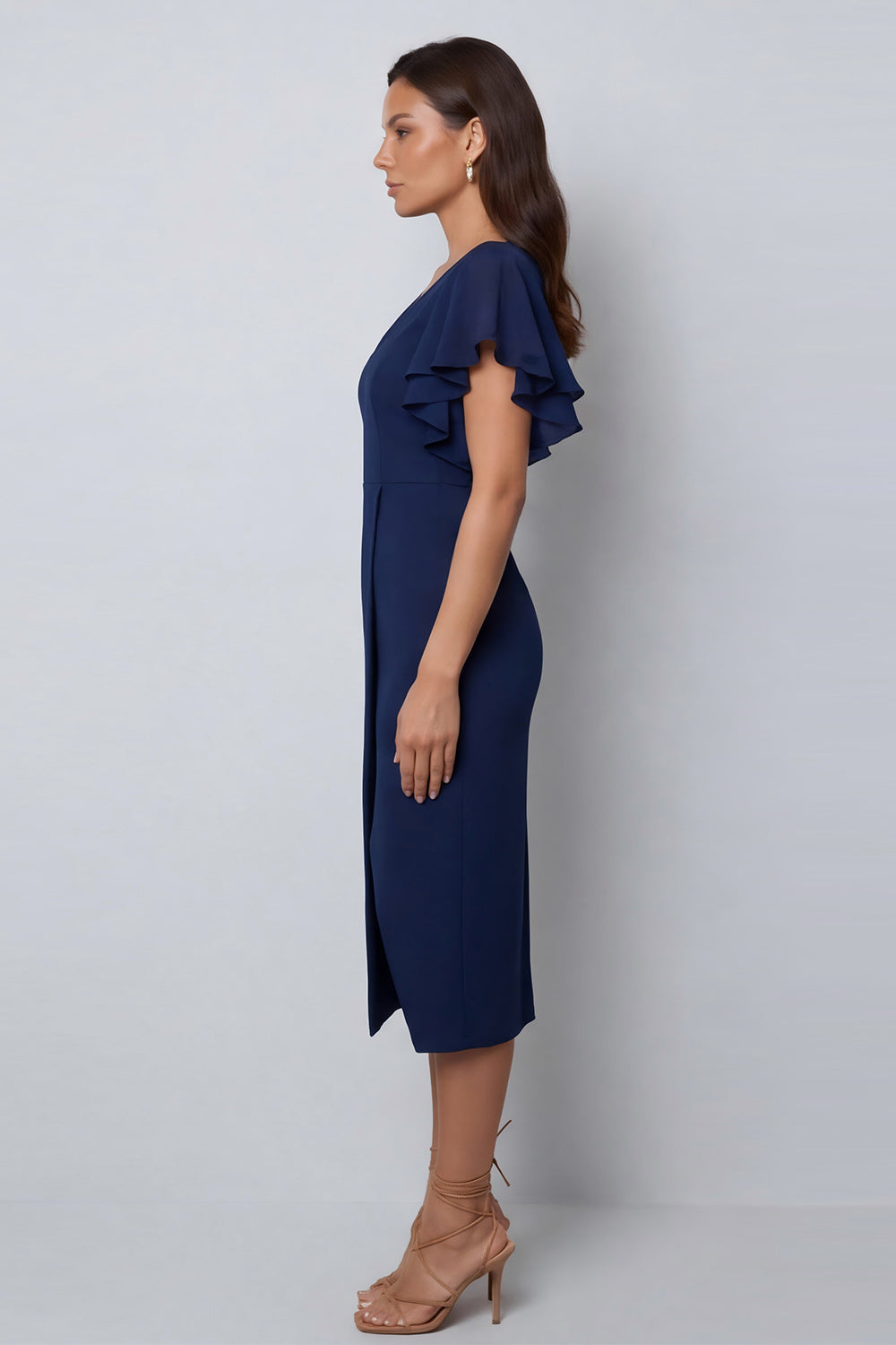 V-Neck Navy Pencil Midi Work Dress with Slit