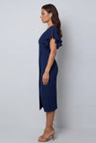 V-Neck Navy Pencil Midi Work Dress with Slit