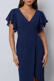 V-Neck Navy Pencil Midi Work Dress with Slit