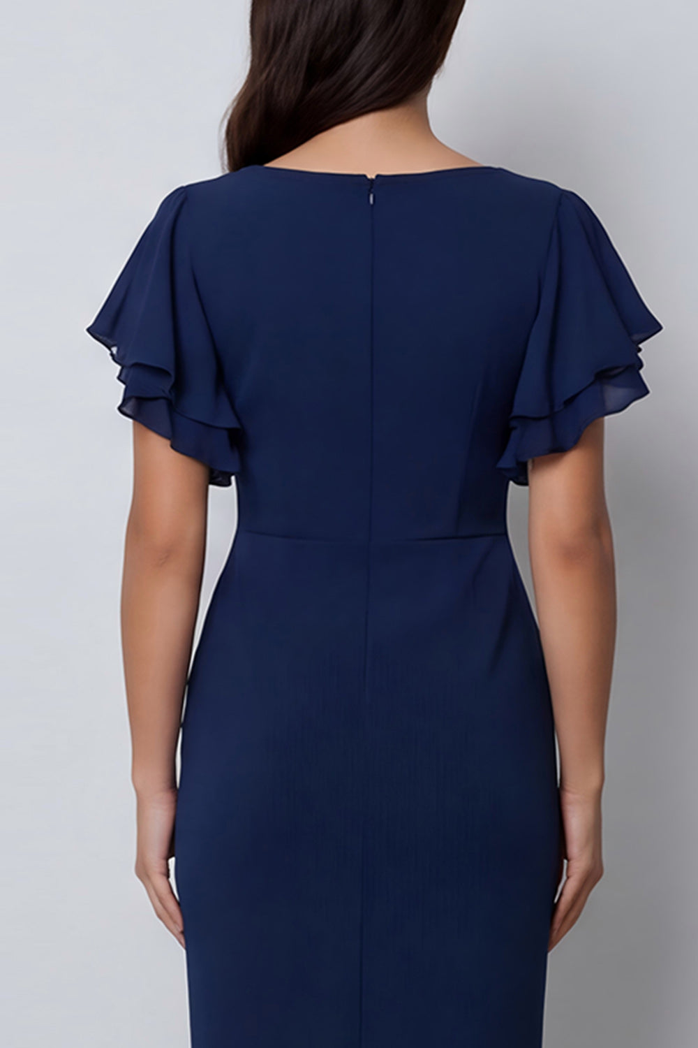 V-Neck Navy Pencil Midi Work Dress with Slit