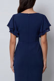 V-Neck Navy Pencil Midi Work Dress with Slit