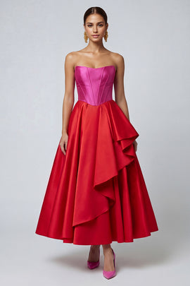 Fuchsia and Red Long A Line Patchwork Corset Ruffled Formal Dress