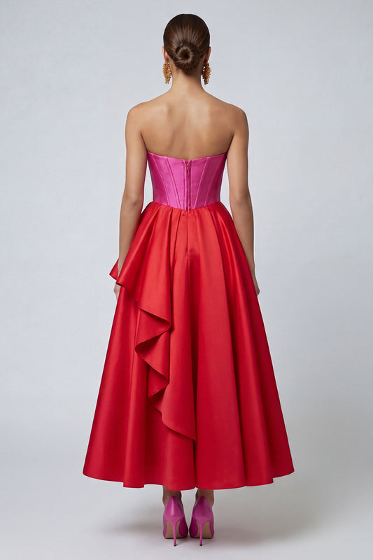 Fuchsia and Red Long A Line Patchwork Corset Ruffled Formal Dress