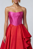 Fuchsia and Red Long A Line Patchwork Corset Ruffled Formal Dress