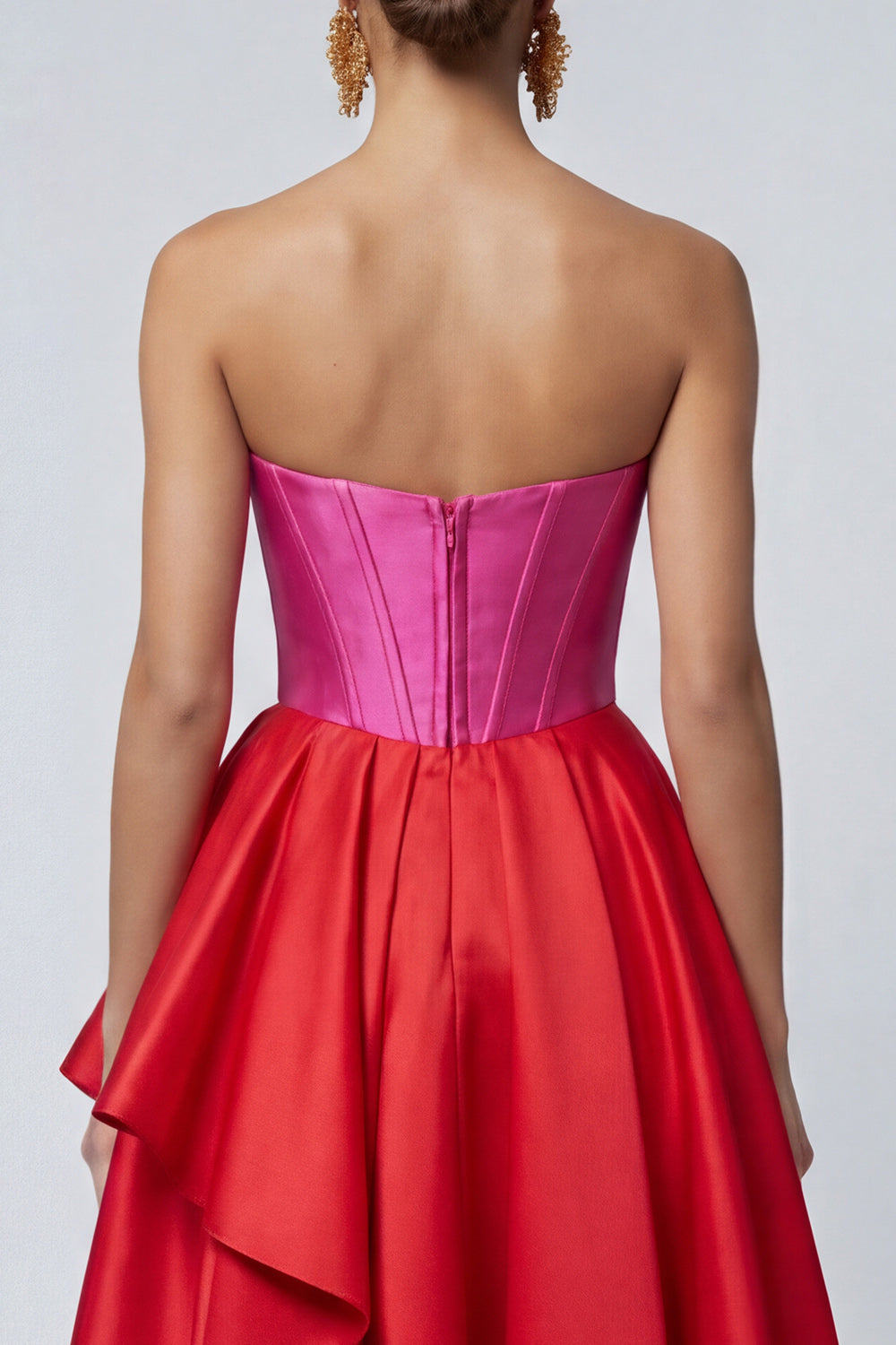 Fuchsia and Red Long A Line Patchwork Corset Ruffled Formal Dress