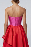 Fuchsia and Red Long A Line Patchwork Corset Ruffled Formal Dress