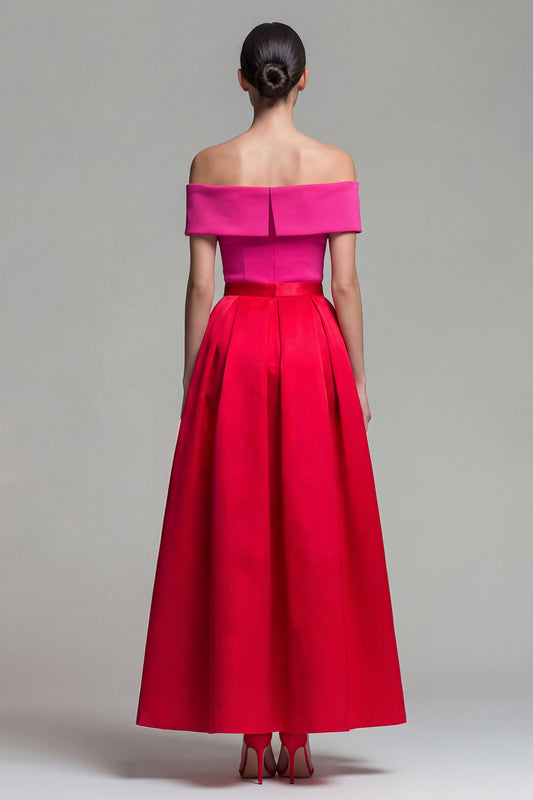 Fuchsia and Red Long A Line Off the Shoulder Patchwork Formal Dress