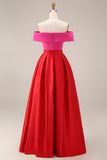 Fuchsia and Red Long A Line Off the Shoulder Patchwork Formal Dress