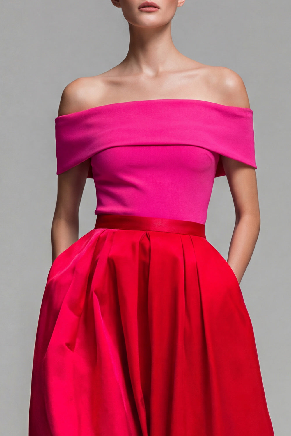 Fuchsia and Red Long A Line Off the Shoulder Patchwork Formal Dress