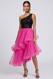 Sparkly Fuchsia and Black One Shoulder Asymmetrical Patchwork A Line Formal Dress