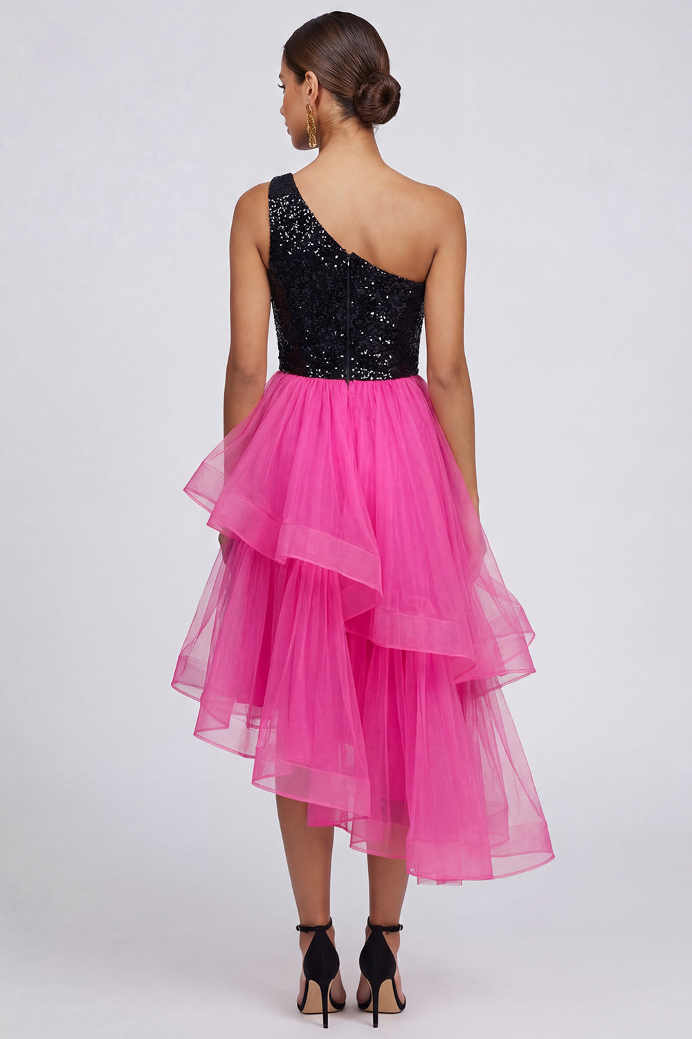 Sparkly Fuchsia and Black One Shoulder Asymmetrical Patchwork A Line Formal Dress