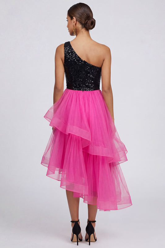 Sparkly Fuchsia and Black One Shoulder Asymmetrical Patchwork A Line Formal Dress