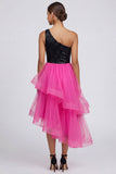 Sparkly Fuchsia and Black One Shoulder Asymmetrical Patchwork A Line Formal Dress