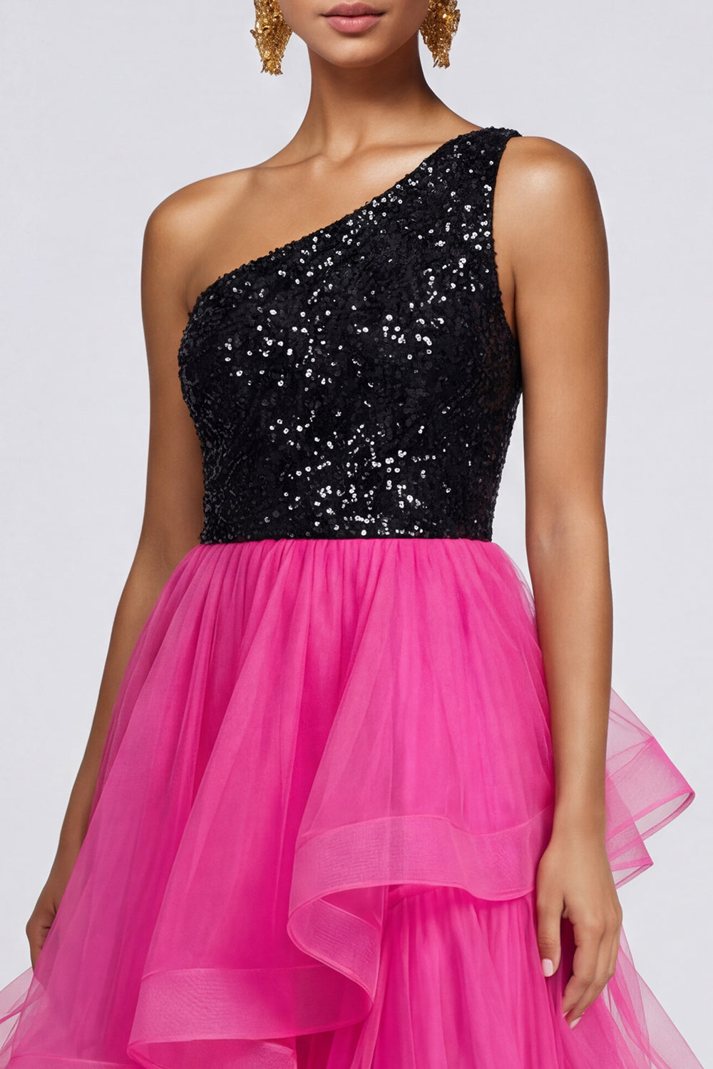 Sparkly Fuchsia and Black One Shoulder Asymmetrical Patchwork A Line Formal Dress