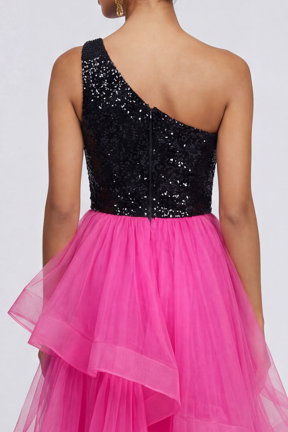 Sparkly Fuchsia and Black One Shoulder Asymmetrical Patchwork A Line Formal Dress