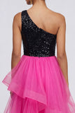 Sparkly Fuchsia and Black One Shoulder Asymmetrical Patchwork A Line Formal Dress