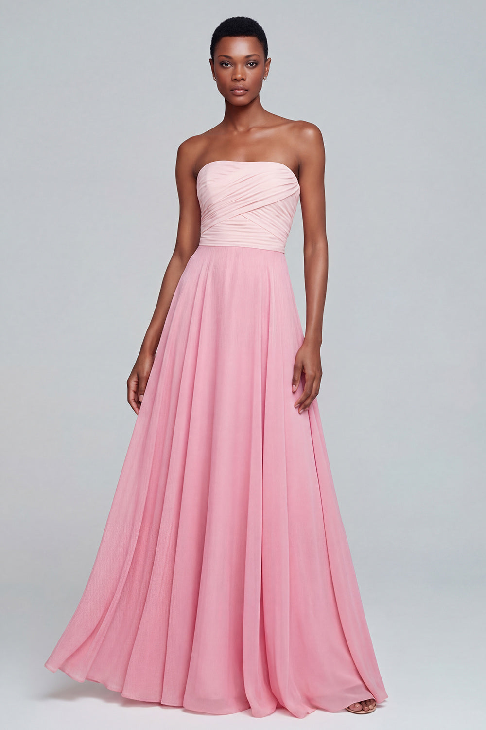 Pink A Line Long Strapless Ruched Patchwork Formal Dress