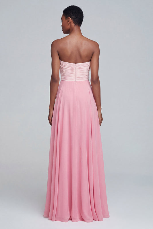 Pink A Line Long Strapless Ruched Patchwork Formal Dress