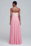 Pink A Line Long Strapless Ruched Patchwork Formal Dress