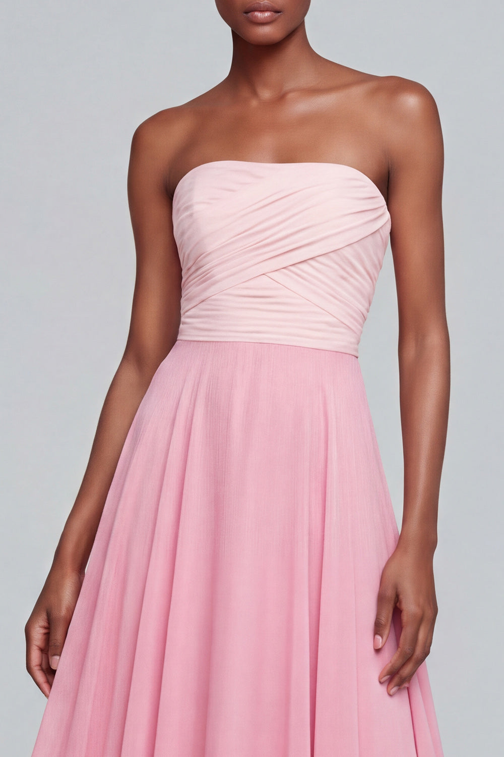 Pink A Line Long Strapless Ruched Patchwork Formal Dress