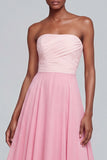 Pink A Line Long Strapless Ruched Patchwork Formal Dress