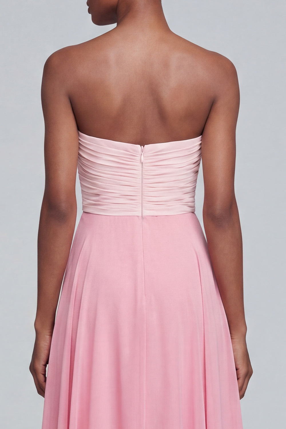 Pink A Line Long Strapless Ruched Patchwork Formal Dress