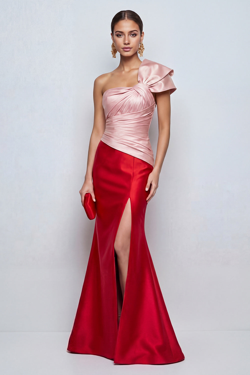 Pink and Red Long Patchwork Mermid Formal Dress with Slit